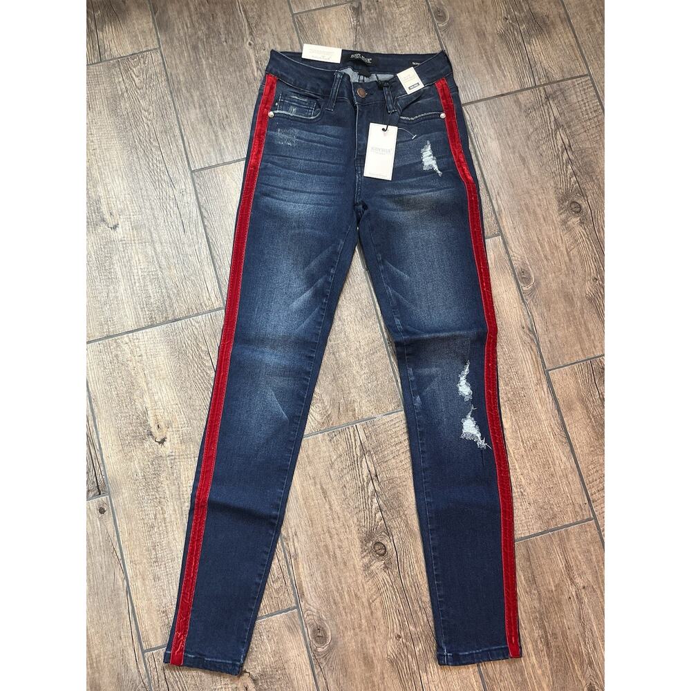 NWT Judy Blue Red Velvet Stripe Skinny Fit Mid Rise Dark Wash Jeans Women’s 0/24